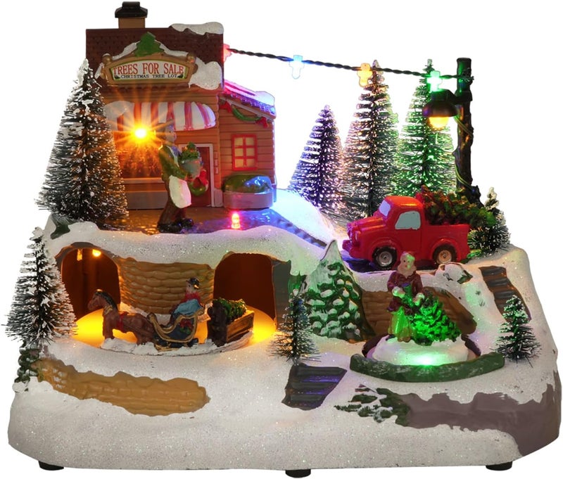 MerryPulse Christmas Village Houses, Festival Scene Colourful Lights Rotating Carriage and Santa Claus Decorations with 8 Musical for Xmas Home Table Displays - Image 1